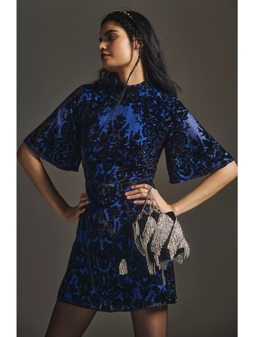 Anthropologie Short Sleeve Mock Neck Velvet Mini Dress Blue